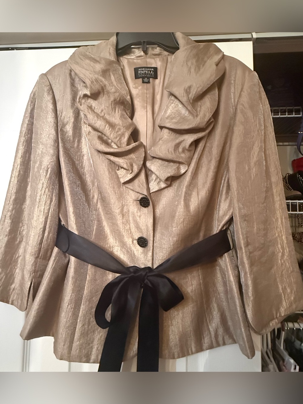 Adrianna Papell button front champagne top, with  Ruffled neckline and Satin Tie